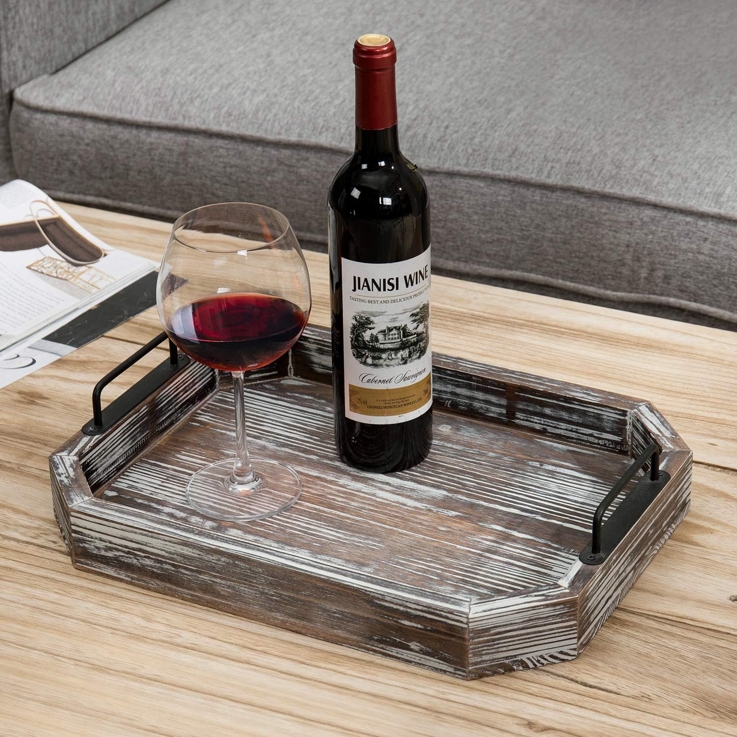 MyGift 16 Inch Rustic Torched Wood Serving Tray with Decorative Matte Black Metal Handles: Home & Kitchen