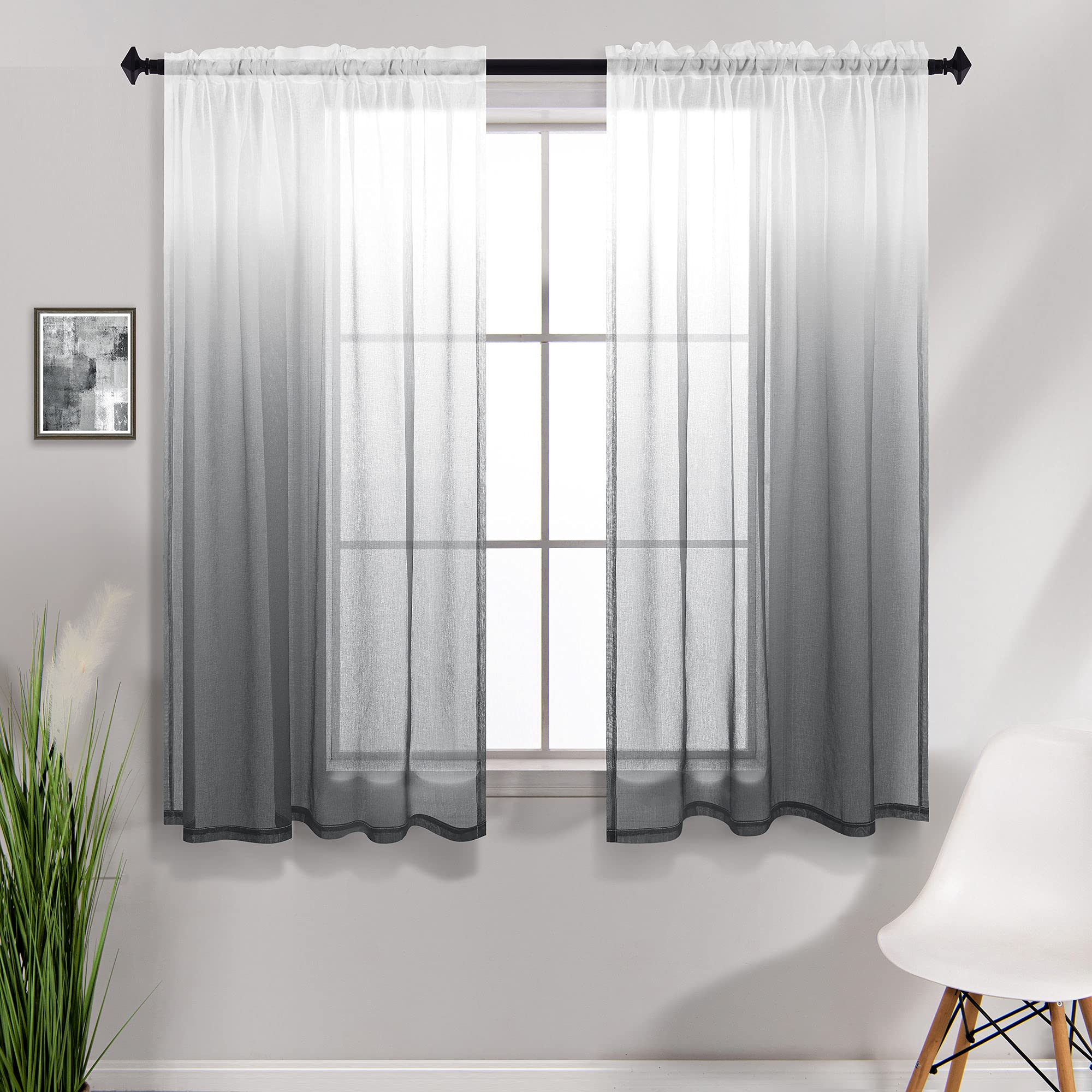 KOUFALL Grey Window Curtain Panels Set of 2 Rod Pocket Ombre Sheer Short Curtains for Small Windows Bathroom Kitchen 42 x 45 Inch Length — image 1