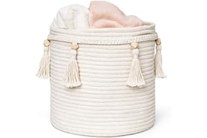 Mkono Macrame Decorative Cotton Rope Basket Boho Cute Woven Tassel Closet Storage Bins Organizer for Nursery,Baby Toys,Magazines, Potted Plants Cover,Living Room,Bedroom,Home Decor 11"x11",Small
