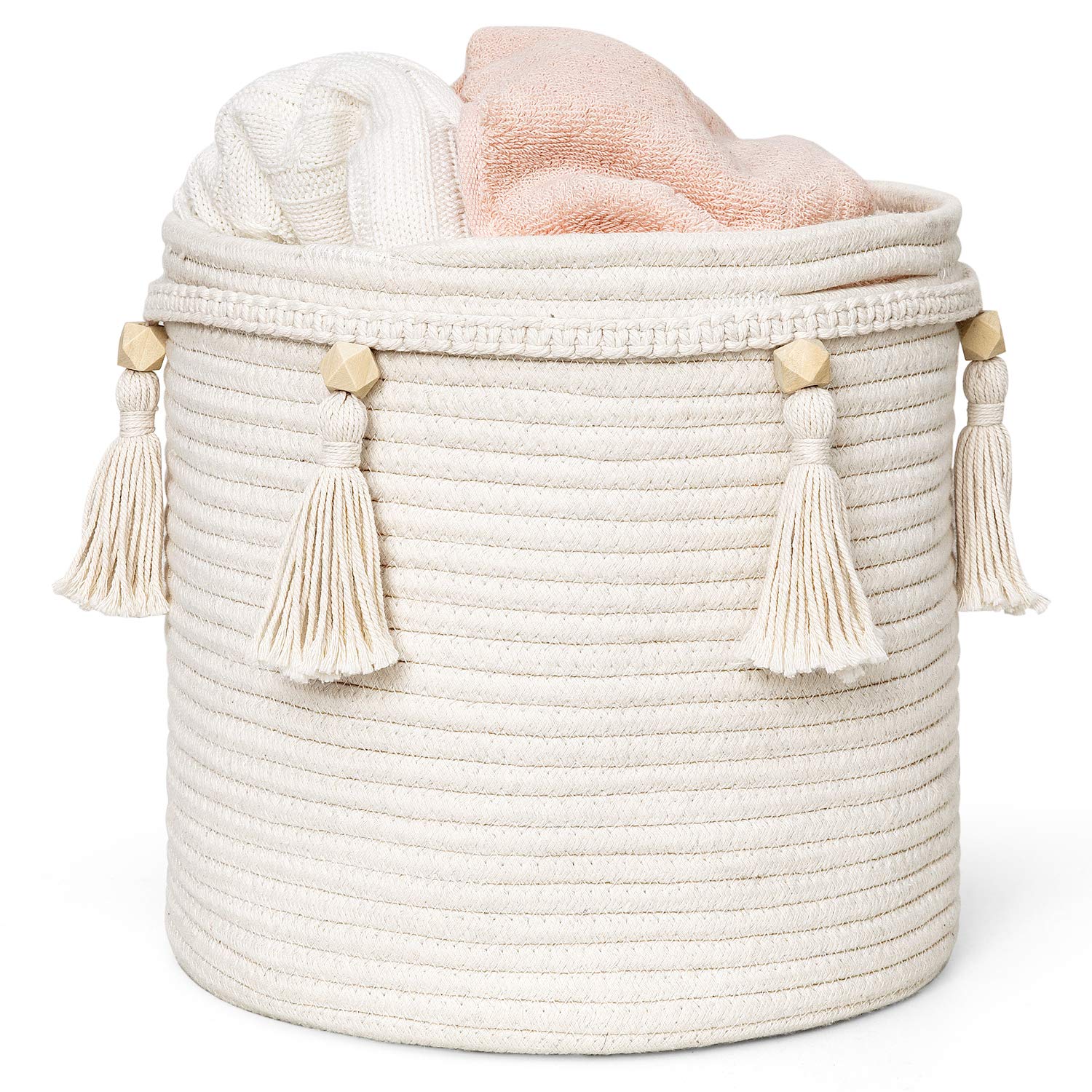 Mkono Macrame Decorative Cotton Rope Basket Boho Cute Woven Tassel Closet Storage Bins Organizer for Nursery,Baby Toys,Magazines, Potted Plants Cover,Living Room,Bedroom,Bohemian Home Decor,11" x 11"