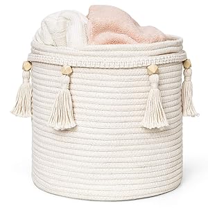 Mkono Macrame Decorative Cotton Rope Basket Boho Cute Woven Tassel Closet Storage Bins Organizer for Nursery,Baby Toys,Magazines, Potted Plants Cover,Living Room,Bedroom,Bohemian Home Decor,11" x 11"