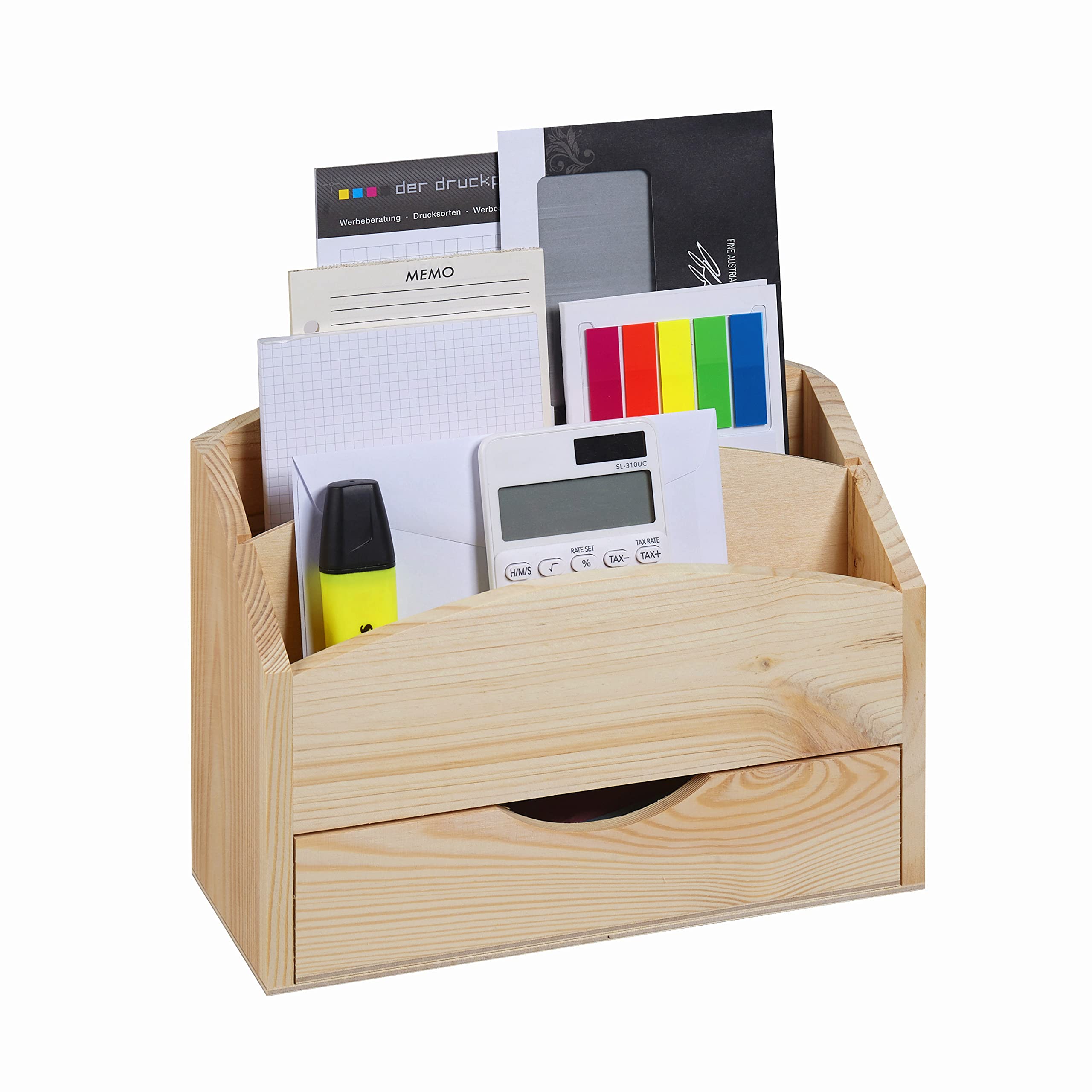 LOCALIS Desk Organiser, Pine Wood, 2 Compartments, Removable Divider, Drawer, Office Supplies Storage, 25 x 10 x 20 cm