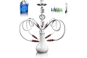 KISEELY Hookah Complete Set with 4 hose, 22'' Large Shisha Kit For Up To 4 Persons with everything Included, Ceramic Bowl | Premium Hose | Beautiful Glass Vase (Silver White)