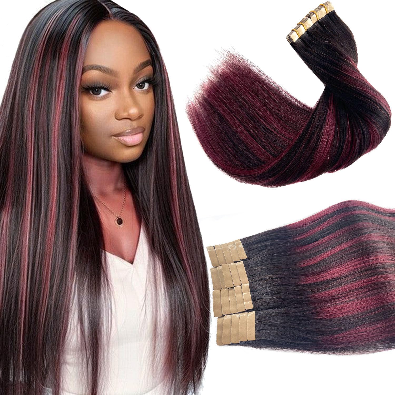 Photo 1 of Tape in Hair Extensions Human Hair Yaki Straight Natural Black Mixed Burgundy Color Hair Extensions Real Human Hair 12 Inch 50g/pack 20pcs Tape in Hair Extensions Remy Human Hair for Black Women