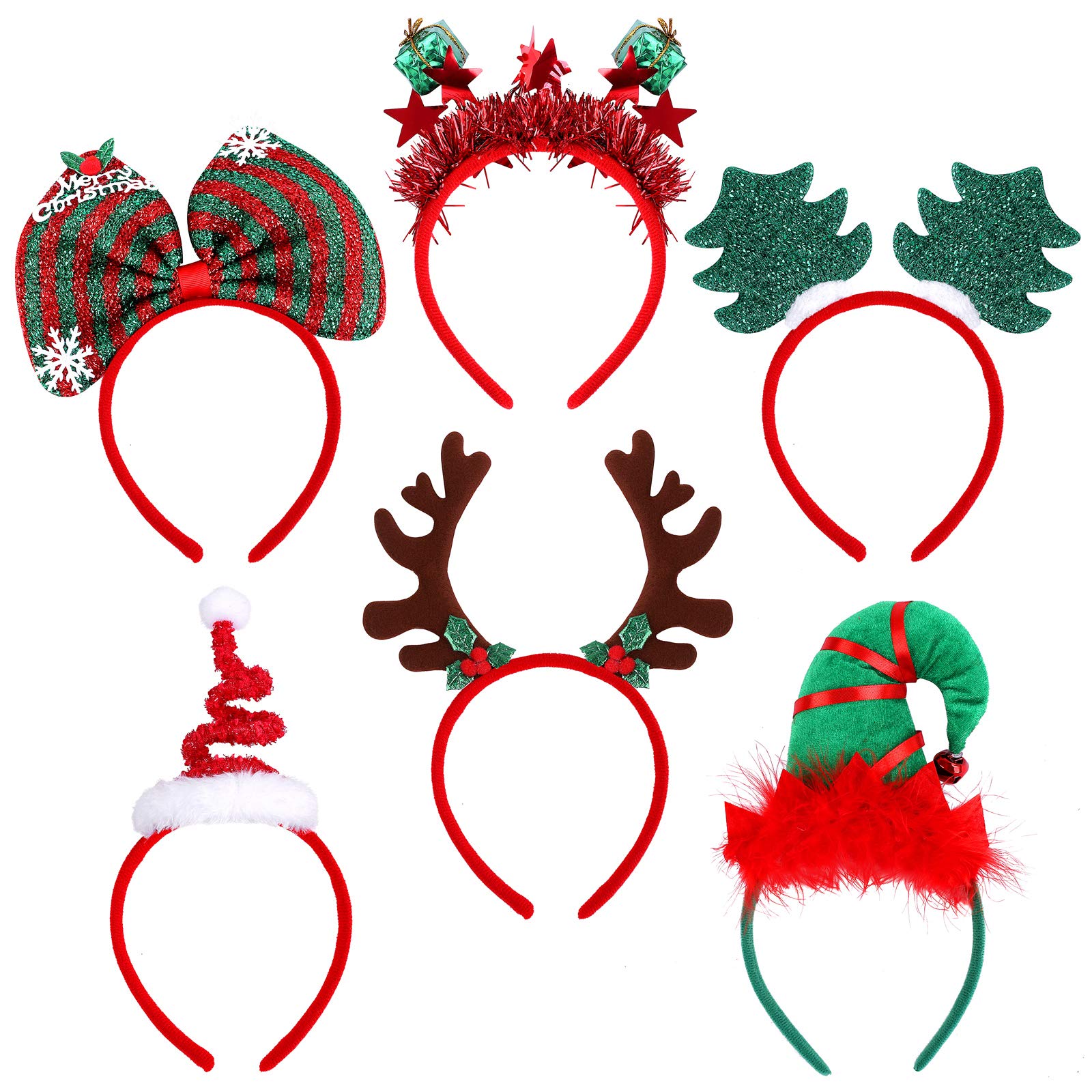 Ruisita 6 Pack Christmas Elves Hats Headwear Reindeer Costume Headbands for Holiday Party Favors