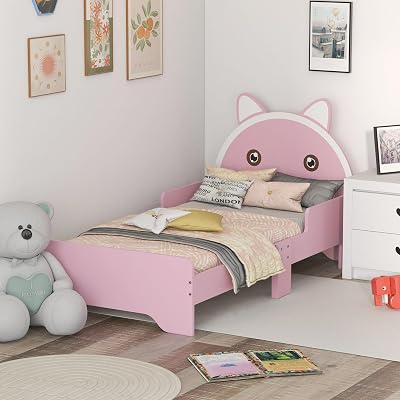ZONEKIZ Toddler Bed Frame Cat Design Pink Bed with Guardrails for 3-6 Years