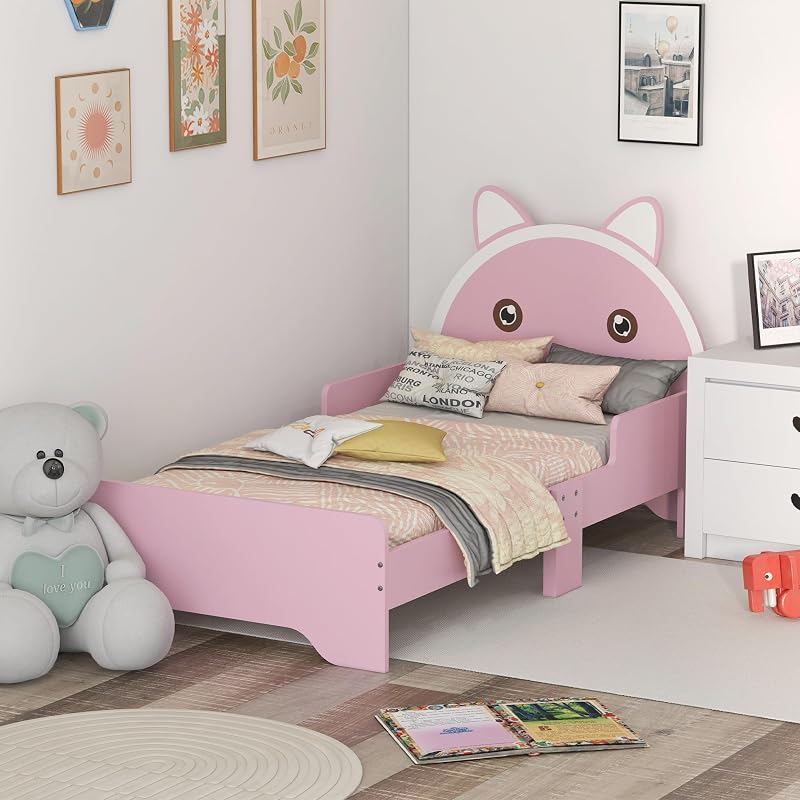 ZONEKIZ Toddler Bed Frame Cat Design Pink Bed with Guardrails for 3-6 Years