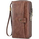 GAEKEAO Womens Wallet Large Capacity Double Zipper Ladies Card Phone Holder RFID Blocking Leather Clutch Wristlet Grip Strap