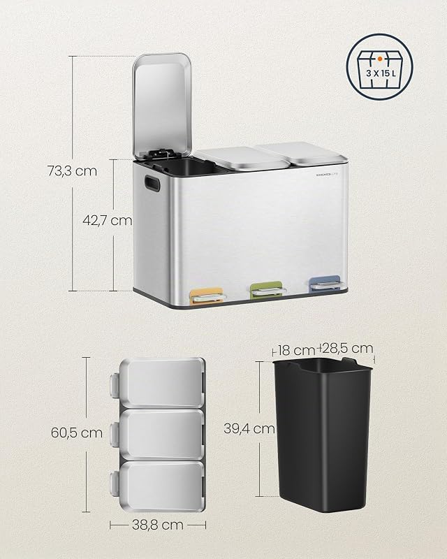 Poubelle Triple de Cuisine, Poubelle Recyclage 3 x 15 L avec Pédales Couleur, Système de Séparation Déchets, avec Couvercles et Seaux Intérieurs, Acier, Argent Métallique LTB740E45V1