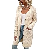 Womens Cardigan Long Sleeve Cable Knit Sweater Open Front Loose Outwear with Pocket