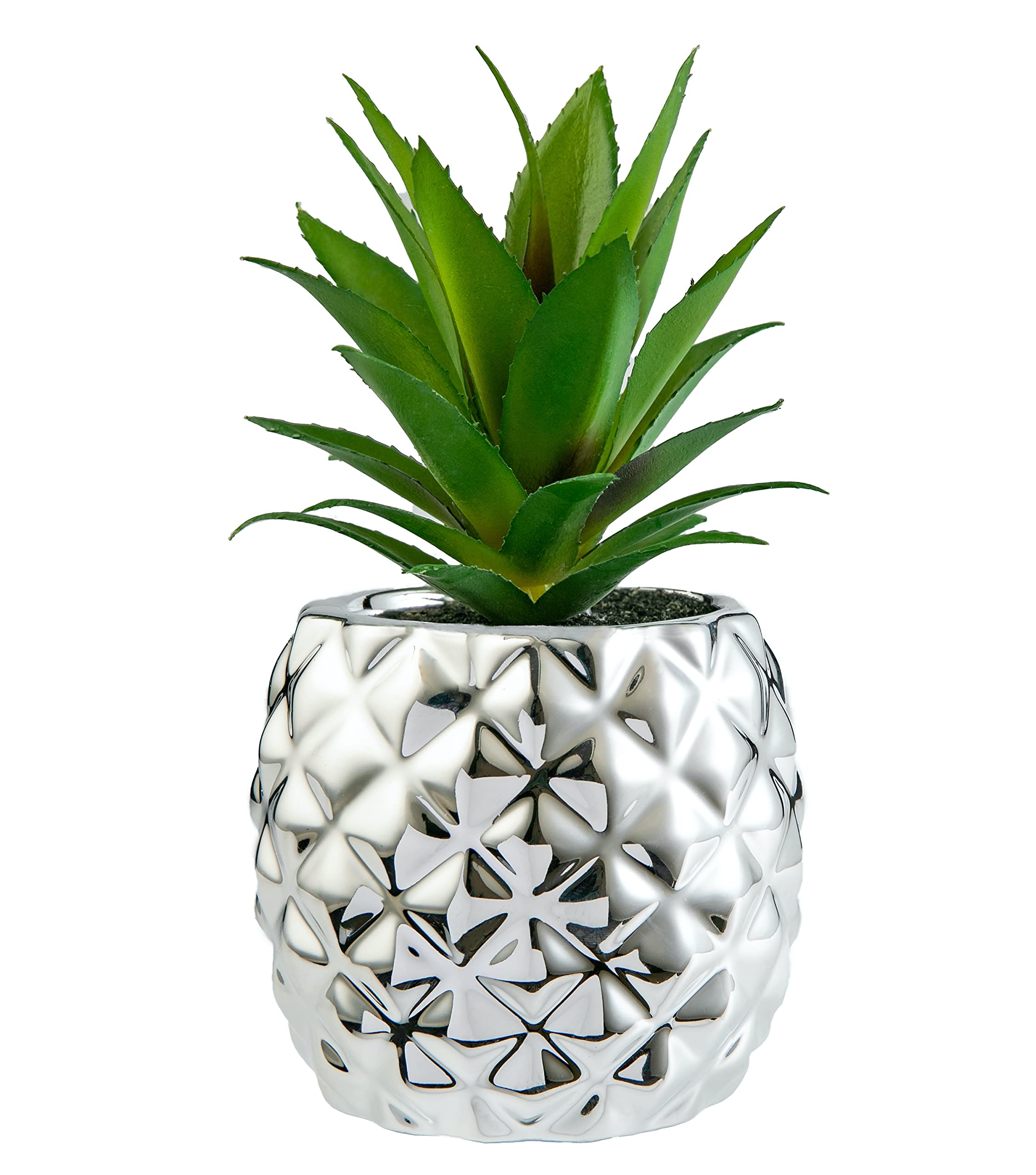 Artificial Potted Succulent plants 7.8" Porcelain Pineapple shape Pot Home & Garden Decoration (Silver)