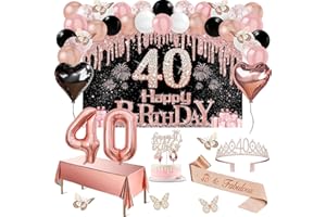 40th Birthday Decorations Women, 49pcs Black Rose Gold Black Happy 40th Birthday Banner, Tablecloth, Butterfly Decor, Sash an
