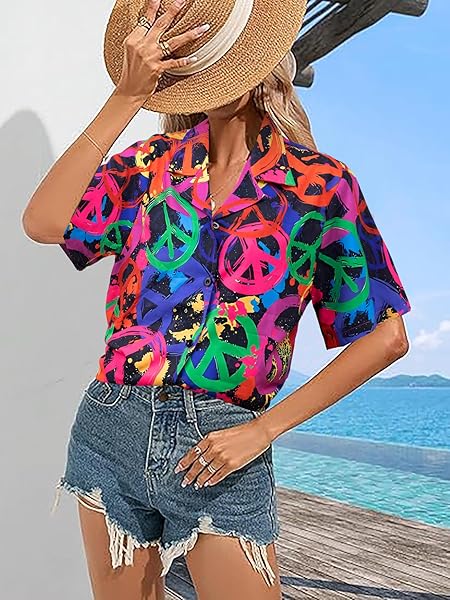HIPPIE BUTTON DOWN SHIRT WOMEN: 70S HIPPY SHIRTS PEACE SIGN GRAPHIC TEE HIPPIE LOVER GIFTS VINTAGE SHORT SLEEVE TOPS