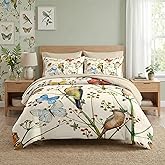 Pamnest Comforter Set Queen Size, Vintage Birds Butterfly Colorful 7 Pcs Bedding for Kids and Adults, Floral Spring Beige Bed Sheet Sets with Fitted Sheet 2 Pillowcase & 2 Sham for Bedroom Bed Decor