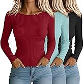 Riyiper 3 Pack Women's Long Sleeve Shirts Ribbed Cotton Boat Neck Tops Lettuce Trim Underscrub Slim Fit Casual Basic Tees