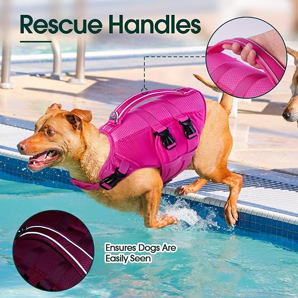 KUOSER DOG LIFE JACKET, XXL DOG LIFE VEST FOR SWIMMING BOATING, REFLECTIVE DOGGIE SWIMMING VEST PET SWIM PRESERVER WITH RESCUE HANDLE, ROSERED XXL
