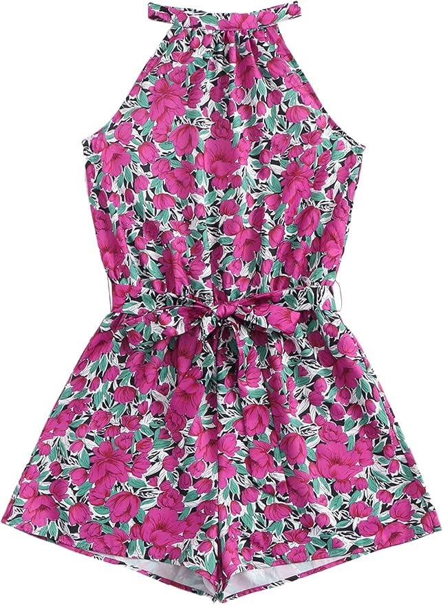 MakeMeChic Women's Sleeveless Floral Print Cut Out Back Belt Front High Waist Romper