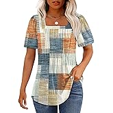 OFEEFAN T Shirts for Women Pleated Square Neck Dressy Casual Blouses Puff Short Sleeve Summer Tops Loose Fit