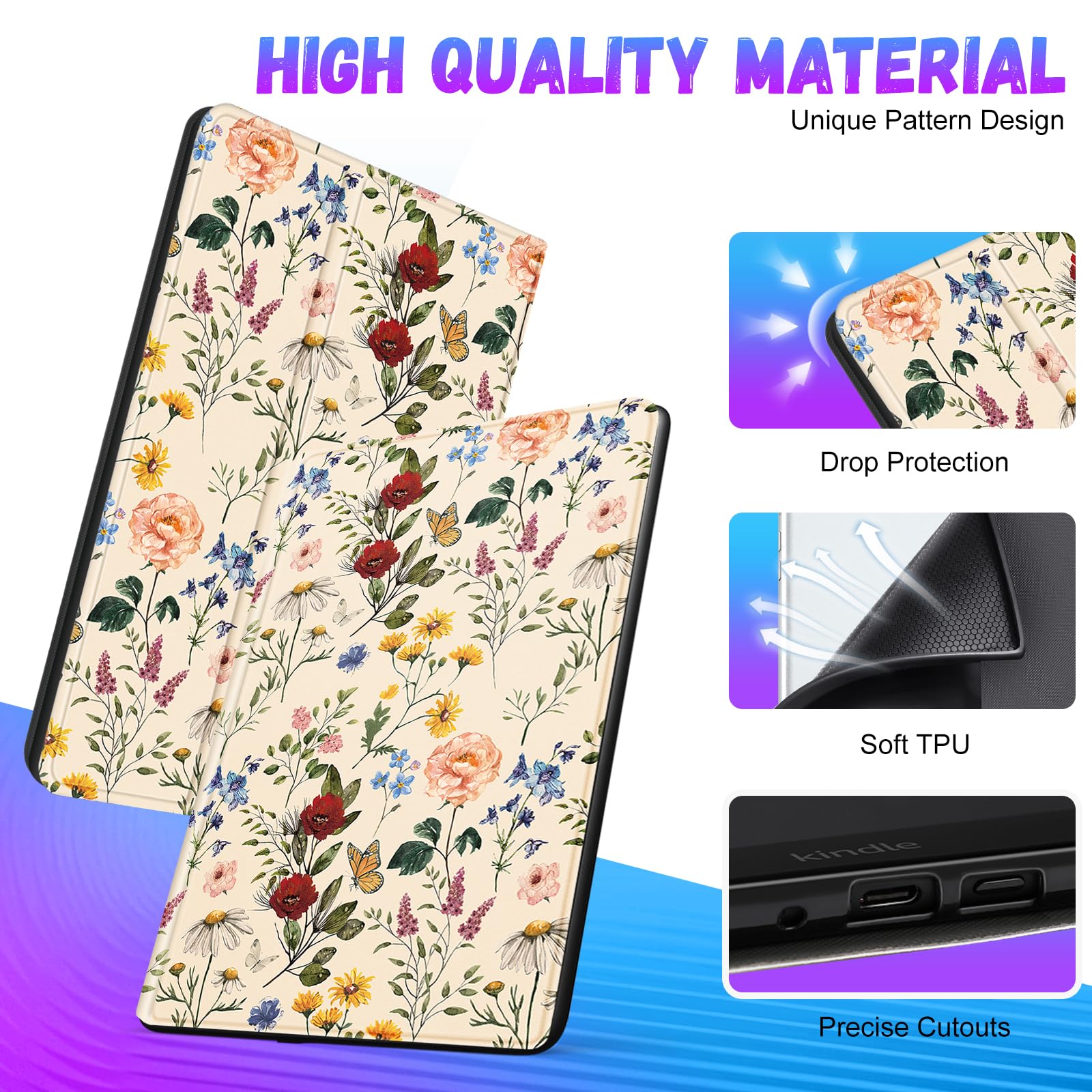 Uppuppy for Kindle Paperwhite 11th Generation Case 6.8 Inch 2021 / Paperwhite Signature Edition Cute Women Girls Teens Kids Unique Floral Folio Fabric Paper White Cover with Auto Sleep/Wake E-Reader