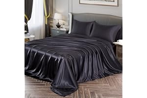 Vonty Satin Sheets Queen Size Silky Soft Satin Bed Sheets Black Satin Sheet Set, 1 Deep Pocket Fitted Sheet + 1 Flat Sheet + 2 Pillowcases