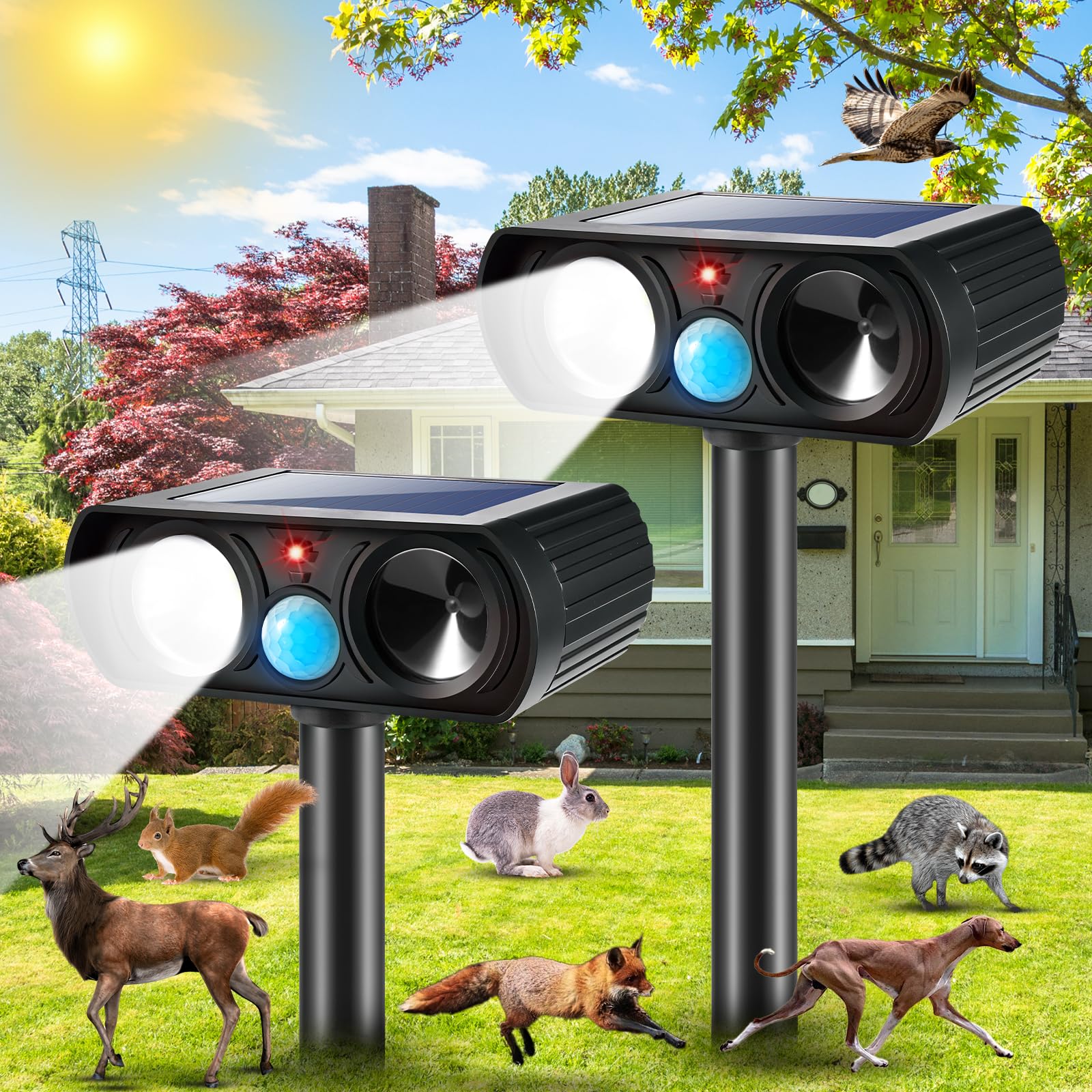 2-Pack Solar Ultrasonic Animal Repeller – Outdoor Pest Repellent For Cats, Rats, Mice – Weatherproof With PIR Sensor