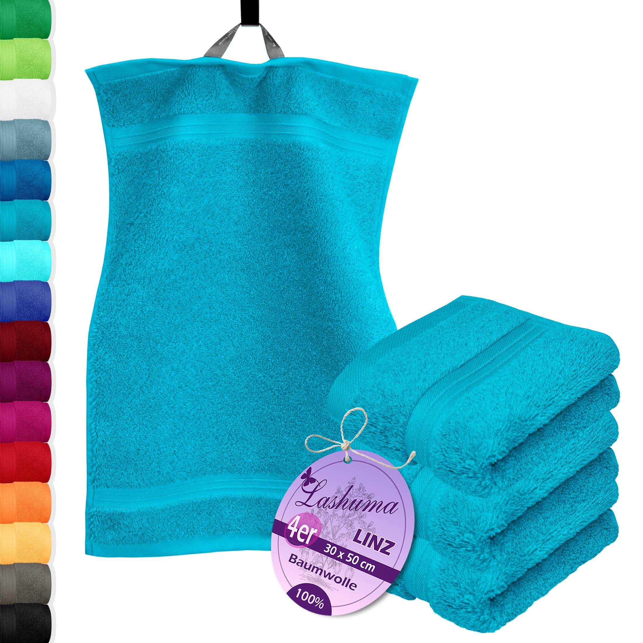 Lashuma® Towel Series – Available in 16 Colours and 6 SizesFace Cloth/Guest Towel/Hand Towel, Bath Towel, Shower Towel/Sauna Towel, 100% Cotton, Aquamarin Blau, 4er 30x50 cm