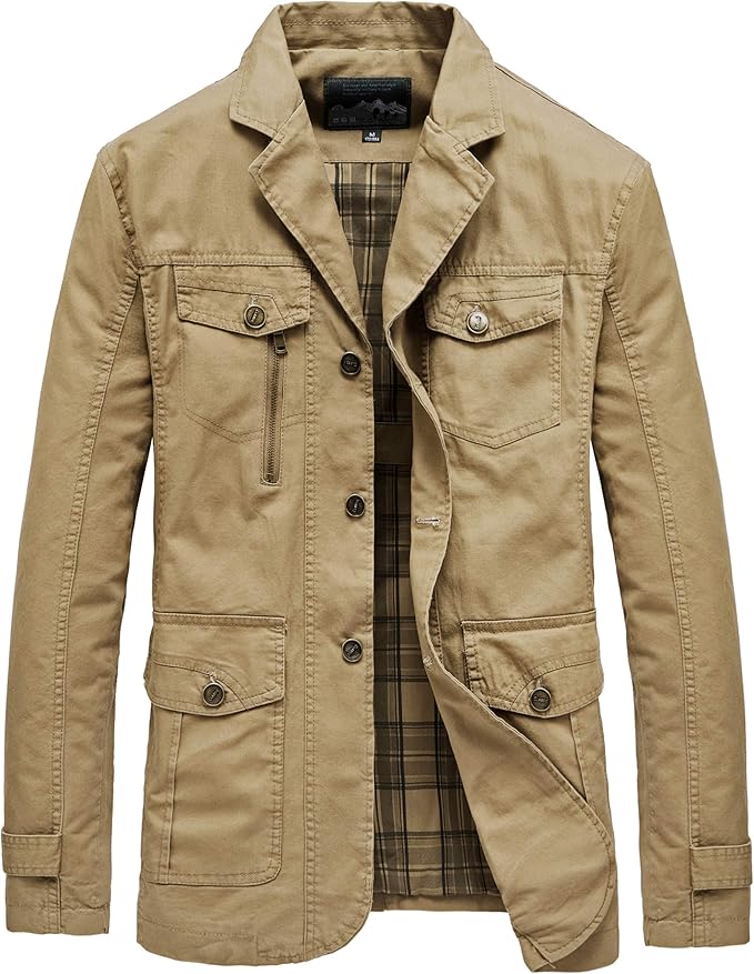 Heihuohua Men's Casual Cotton Jacket Lightweight Notched Collar Coat