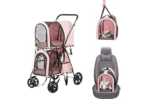 LUCKYERMORE Double Pet Stroller for Dogs Cats, 4 Wheels Foldable Dog Stroller Cat Stroller, 2 Detachable Carrier Bags, Travel Carrier for Small Medium Cats Dogs, Pink