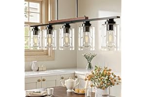 VONLUCE Dining Room Light Fixture Over Table, 5-Light Kitchen Island Lighting with Glass Shade and Adjustable Rods, Farmhouse Linear Chandelier Pendant Light for Kitchen Living Room, Matte Black