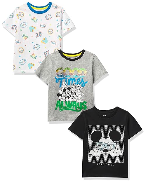 Amazon Essentials Disney | Marvel | Star Wars Toddler Boys' Short-Sleeve T-Shirts (Previously Spotted Zebra), Pack of 3, Black/Grey/White Mickey and Friends, 3T