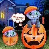 Joiedomi 5 FT Animated Pumpkin Inflatables, Outdoor Blow Up Cat On Pumpkin with LEDs for Yard, Outdoor Inflatable Halloween Decorations, Blow Up Halloween Decor for Outside