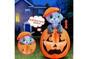 Joiedomi 5 FT Halloween Inflatables Outdoor Decorations, Inflatable Halloween Decor Outdoor Blow Up Pumpkin for Yard, Animated Blow Up Cat On Pumpkin with LEDs for Outside Decor