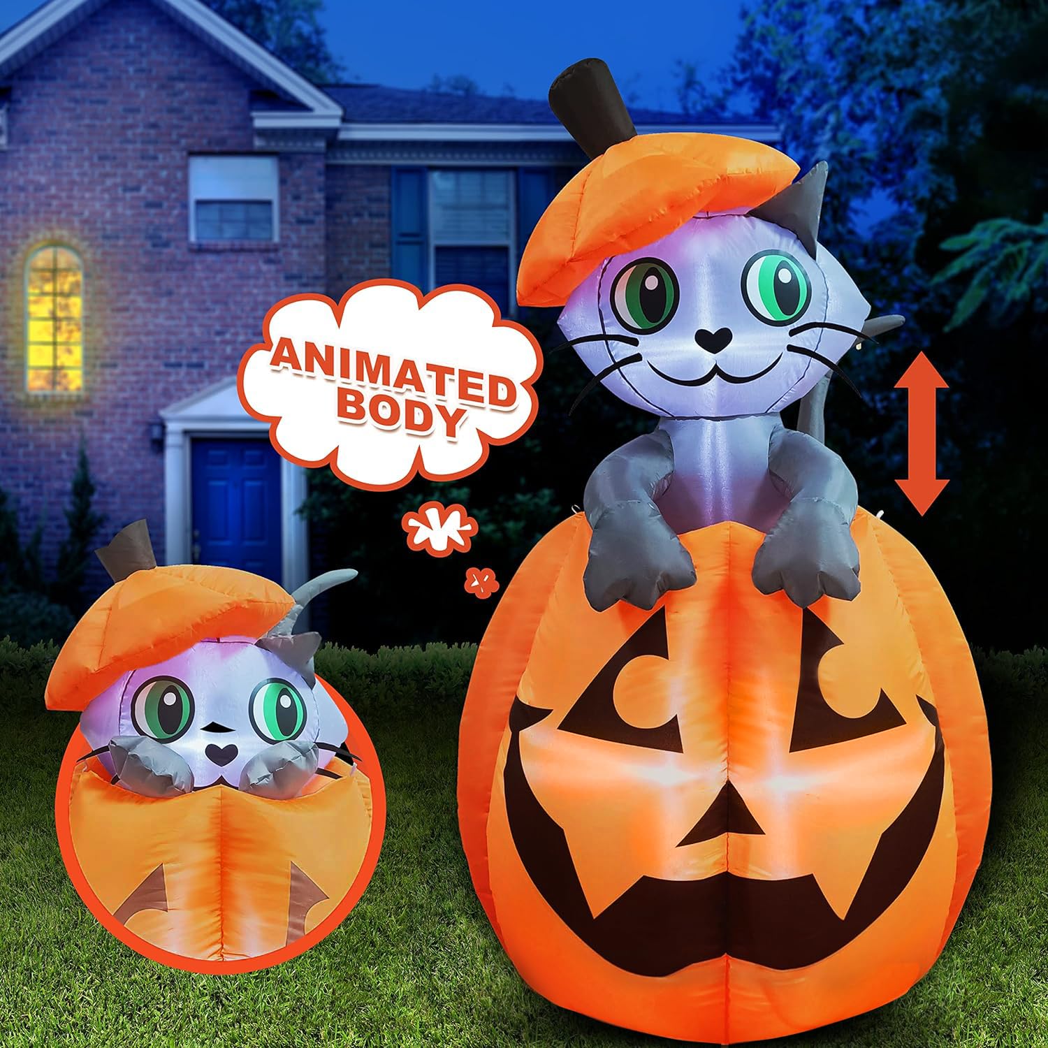 Photo 1 of Joiedomi 5 FT Halloween Inflatables Outdoor Decorations, Inflatable Halloween Decor Outdoor Blow Up Pumpkin for Yard, Animated Blow Up Cat On Pumpkin with LEDs for Outside Decor