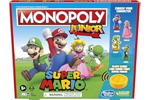 Monopoly Junior Super Mario Edition Board Game, Fun Kids' Ages 5 and Up, Explore The Mushroom Kingdom as Mario, Peach, Yoshi, or Luigi (Amazon Exclusive)