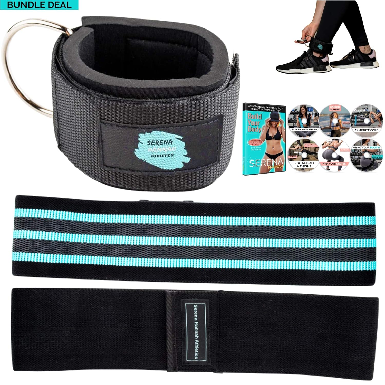 公式の B07n 6種類のエクササイズビデオにアクセス可能 ファブリックブーティバンドループ ケーブルマシン用パッド入り足首ストラップ ノンスリップヒップレジスタンスバンド レディース ジムアクセサリー付き 太ももワークアウトバンドル お尻 脚 トレーニング