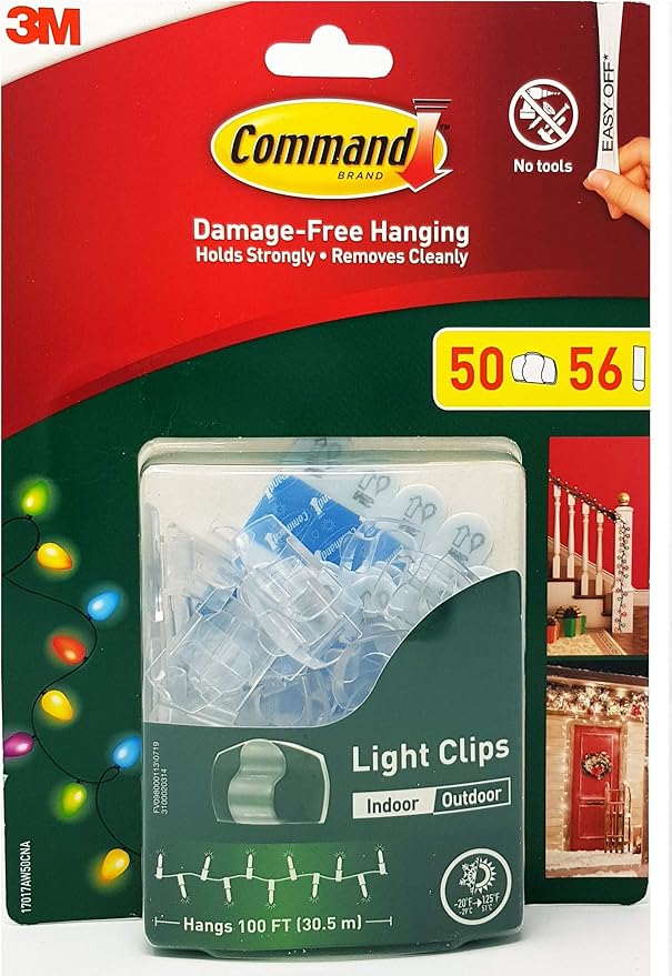 Command Indoor Outdoor Light Clips, 50 Clip Pack with 56 Adhesive
