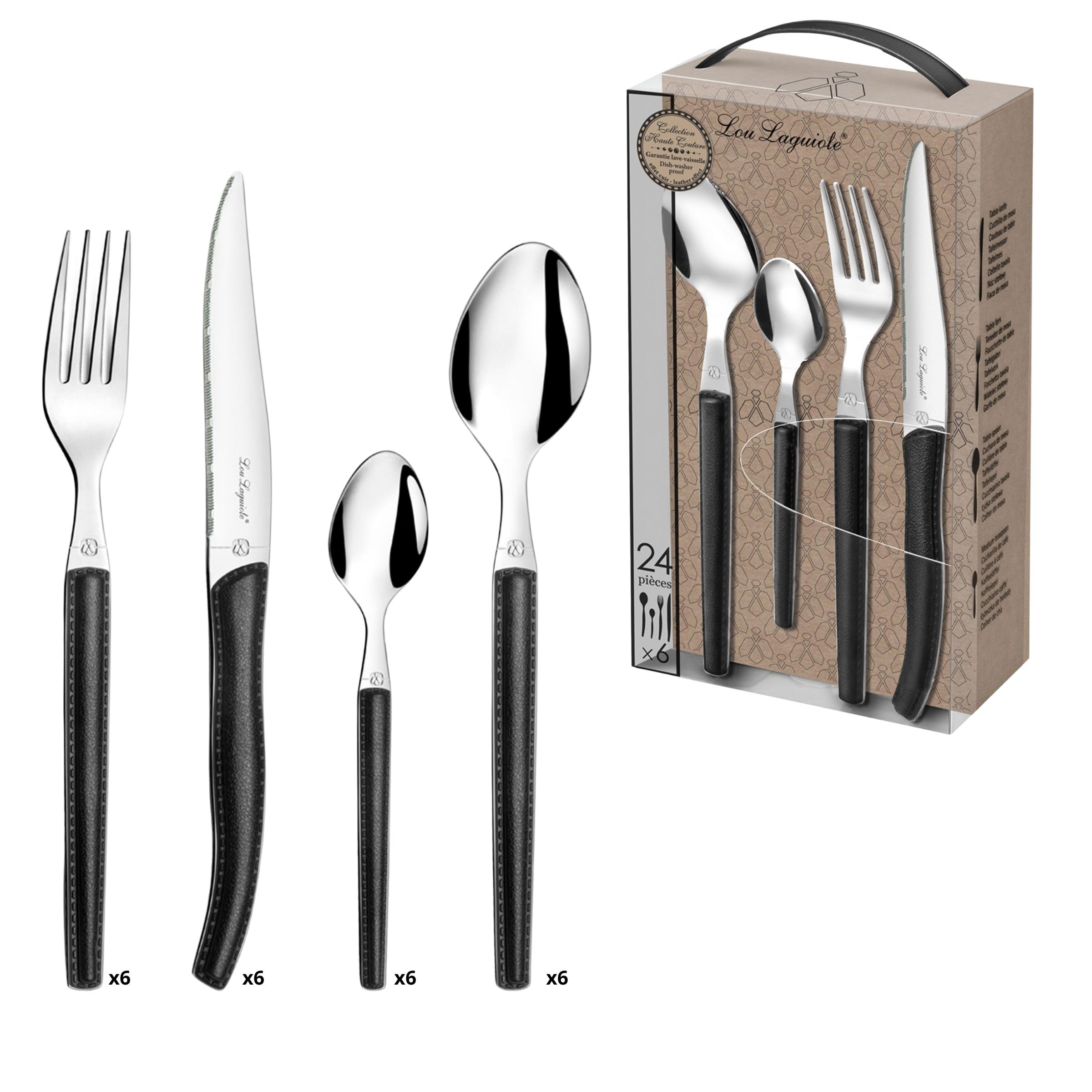 Lou Laguiole Sky 2271AAPA23C40 Cutlery Set with Case for 6 People Stainless Steel/Leather Effect Handle Black 14 x 7.5 x 24.5 cm