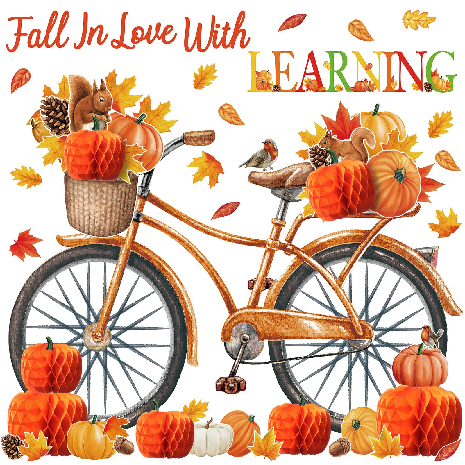 Photo 1 of Blosssound Fall Bulletin Board Decorations with 3D Pumpkin Honeycomb Leaf Bicycle Squirrel Cutouts Fall in Love with Learning 