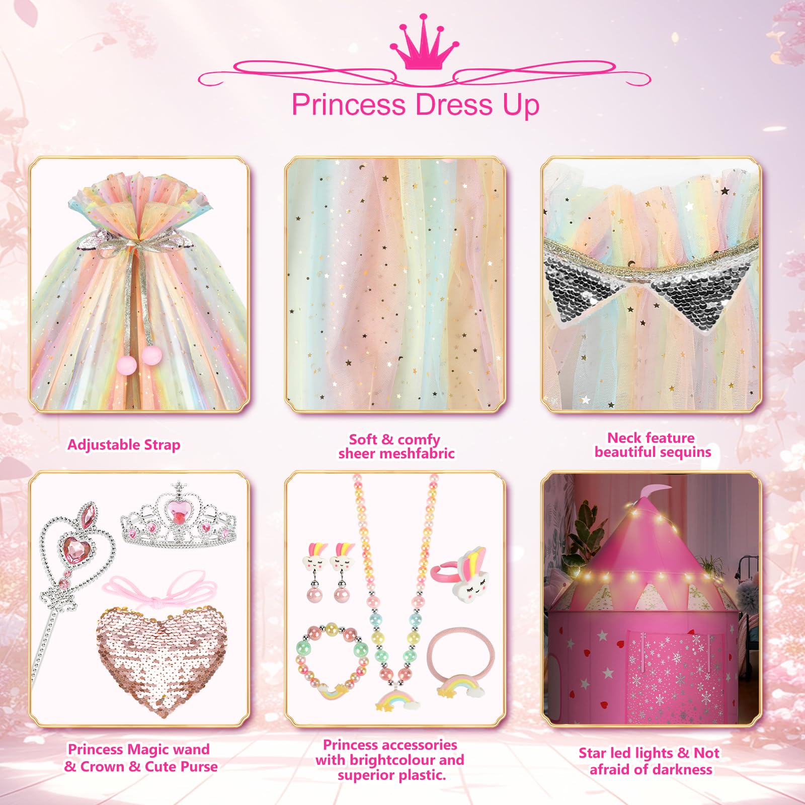 URCUZER Princess Tent with 13PCS Dress Up for Girls, Castle Playhouse with Star Lights for Kids Indoor and Outdoor Games (Rainbow)