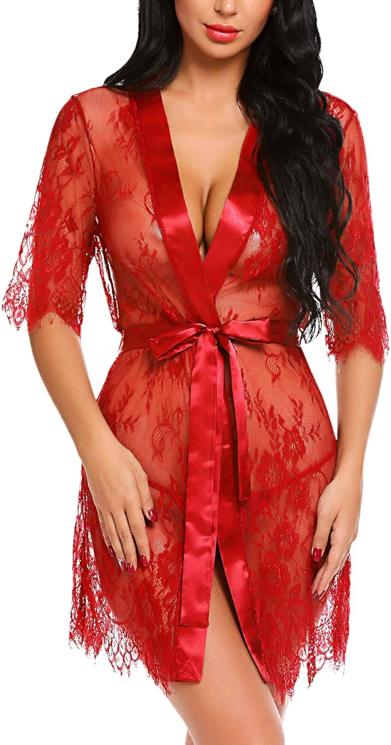Avidlove Women Kimono Robe Floral Lace Babydoll Lingerie Sheer Mesh Nightgown at  Women’s Clothing store