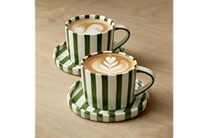 SEICASAYA Set of 2 Ceramic Coffee Cups with Saucers, 240ml Hand-Painted Striped Porcelain Mugs for Espresso and Hot Chocolate