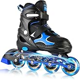 2PM SPORTS Adjustable Inline Skates for Kids, Youth and Adults | Arch support; beginner friendly; triple closure; light-up; memory foam; breathable mesh; 2 non-woven bags