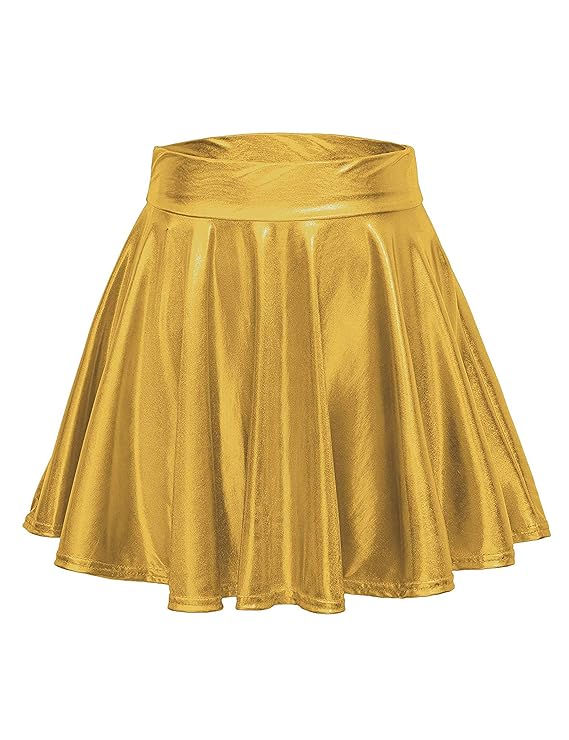 Odosalii Damen Stretch Skater Röcke Informell Mini Glocken Rock Hohe Taille Metallischer Faltenrock