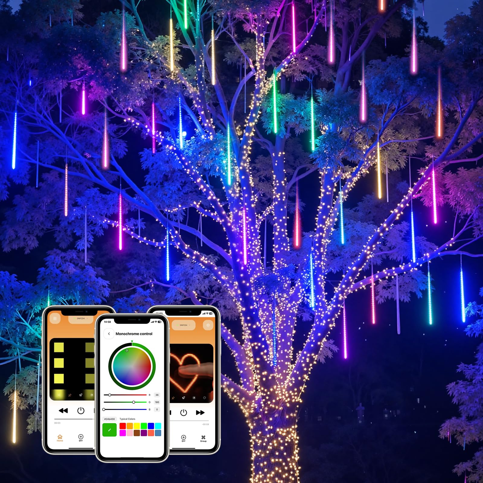 Photo 1 of SmartDawn Smart Meteor Shower Rain Lights, 24Tube 384LED 37.7ft Color Changing Icicle Christmas Lights Outdoor Outside, APP Controlled RGB Customize Display DIY Dynamic Lighting Effect