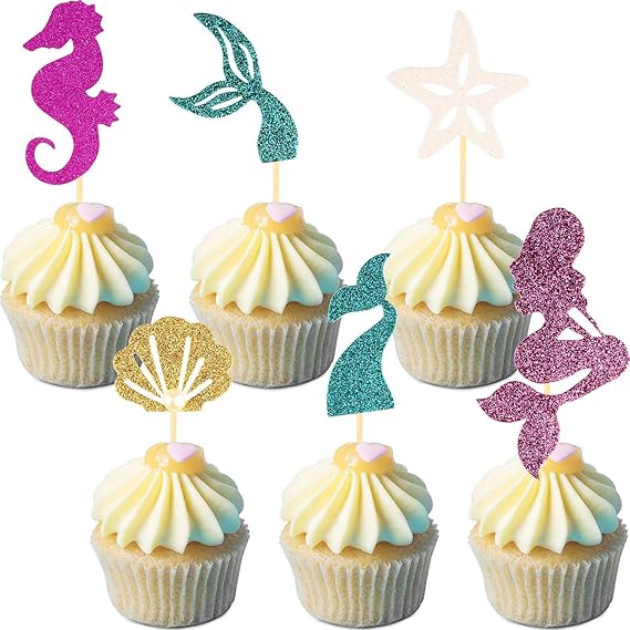 60 Pieces Mermaid Theme Glitter Cupcake Toppers Cake Picks Include