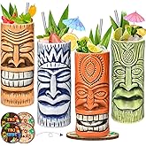 Tiki Mugs Set of 4 - Ceramic Tiki Glass Cocktail Cups, unique Cocktail Glasses, Bar Professional Hawaiian Mug and Halloween Christmas Party Barware