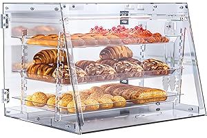 RUIISHUNYY Commercial Countertop Bakery Display Case- Thickened Large Pastry Display Case with Bread Tong - 3 Tray Adjustable Bread Box for Bread,Cake and Cookie, 22.2" x 17.7" x 16"