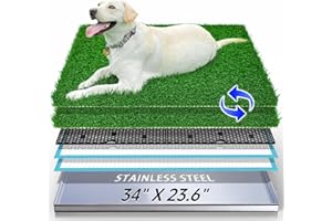 MEEGOOD Dog Grass Pad with Tray, Reusable Large Artificial Turf Grass Potty and Puppy Pee Pads for Dogs, Portable Stainless Steel for Indoor/Outdoor Potty Training Toilet (Potty System Size -34''x 23.6'')
