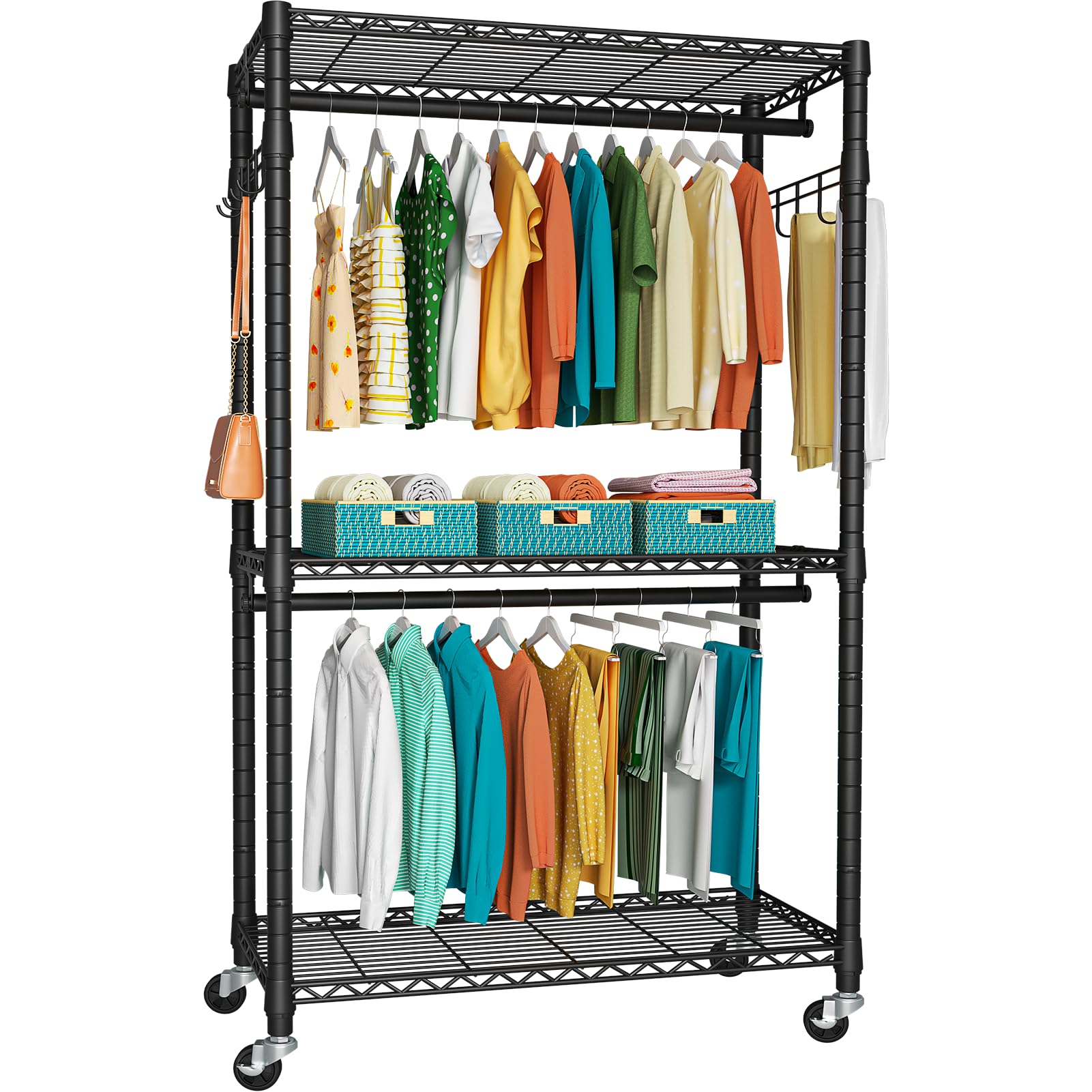 Photo 1 of FUTASSI P1 Heavy Duty Garment Rack, 3 Tiers Adjustable Rolling Metal Closet Organizer with Lockable Wheels, FreeStanding Wardrobe with Double Hanger Rods & 1 Pair Hooks, Max Load 450 LBS, Black