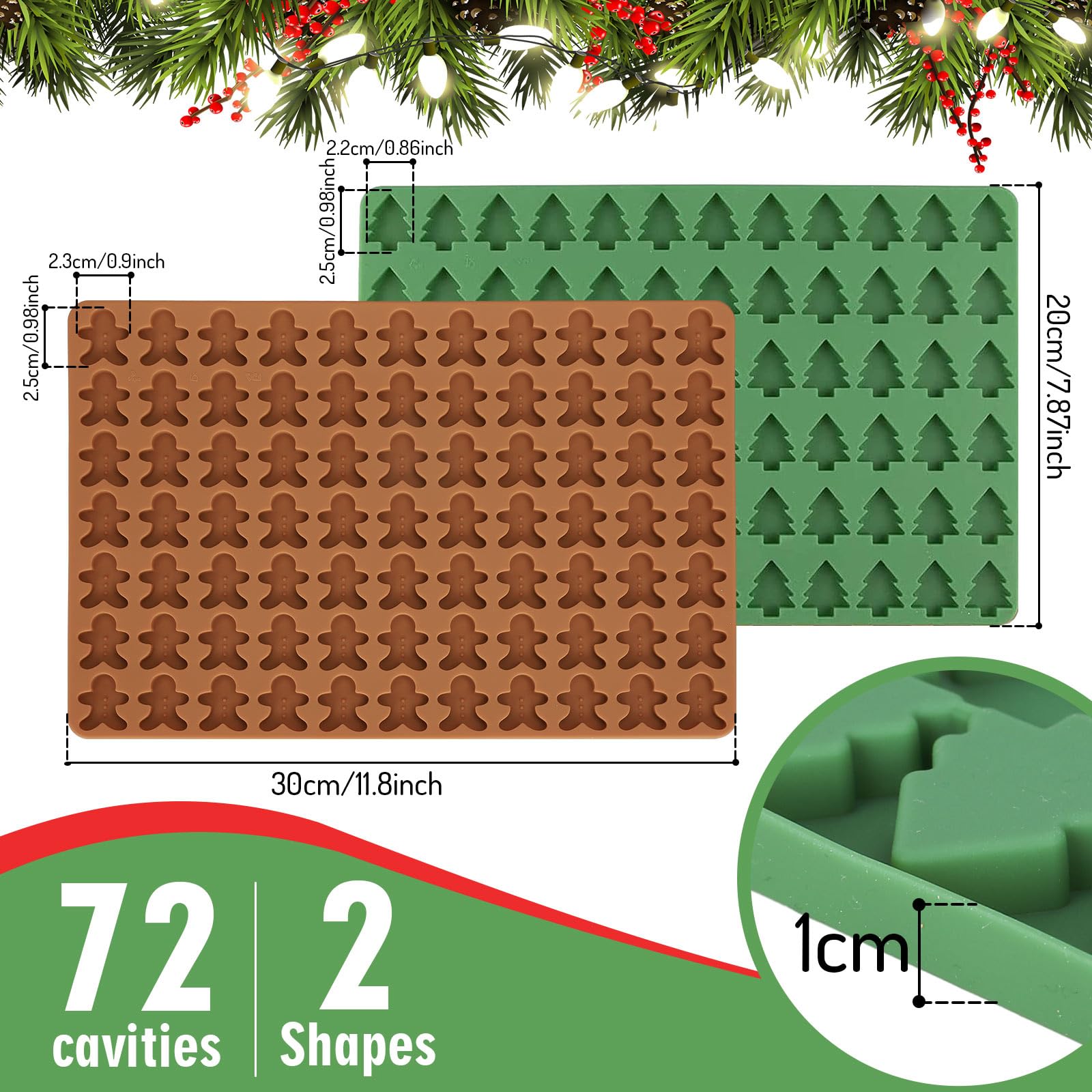 AnyDesign Christmas Silicone Molds Mini Xmas Tree & Gingerbread Candy Chocolate Mould Christmas Non-Stick Fondant Baking Mold for Handmade Soap Pudding Jelly Cake Cupcake Topper Decor, 2Pcs